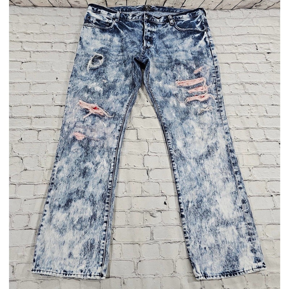 PRPS Jeans Denim Button Fly Straight Leg Blue Red Distressed Barracuda MENS 42
